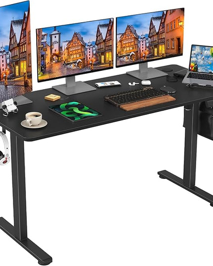 STARY Electric Adjustable Height Sit Stand Home Office Desk with Splice Board, 55x24, Black Desktop/Black Frame - LeafyLoom