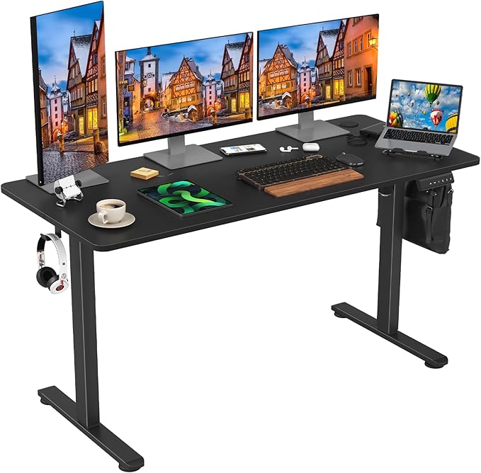 STARY Electric Adjustable Height Sit Stand Home Office Desk with Splice Board, 55x24, Black Desktop/Black Frame - LeafyLoom