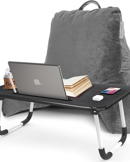 Clara Clark Reading Pillow with Portable Lap Desk for laptop Set, Back Pillow for Sitting Up in Bed, Memory Foam Back Support Pillow, Bed Rest Pillow with Foldable Laptop Desk, Standard - Grey - LeafyLoom