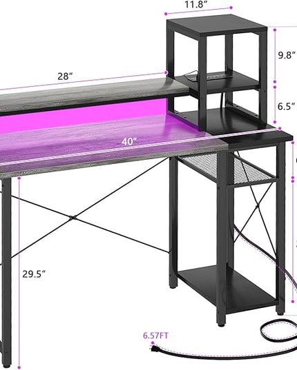 armocity 2024 Upgrade Gaming Desk with LED Lights, Small Computer Desk with Long Monitor Stand, 40'' Reversible Laptop Table with Storage Shelves, Small Desk for Small Spaces, Gaming Room, Grey - LeafyLoom