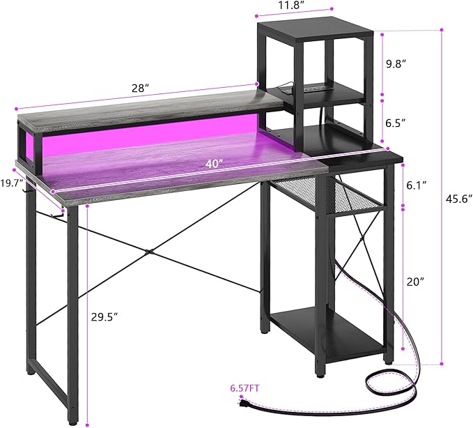 armocity 2024 Upgrade Gaming Desk with LED Lights, Small Computer Desk with Long Monitor Stand, 40'' Reversible Laptop Table with Storage Shelves, Small Desk for Small Spaces, Gaming Room, Grey - LeafyLoom