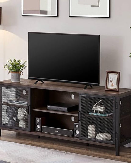 FATORRI Industrial Entertainment Center for TVs up to 65 Inch, Rustic Wood TV Stand, Large TV Console and TV Cabinet for Living Room (60 Inch Wide, Walnut Brown) - LeafyLoom