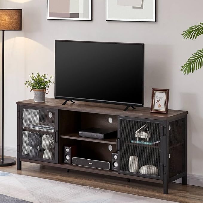 FATORRI Industrial Entertainment Center for TVs up to 65 Inch, Rustic Wood TV Stand, Large TV Console and TV Cabinet for Living Room (60 Inch Wide, Walnut Brown) - LeafyLoom