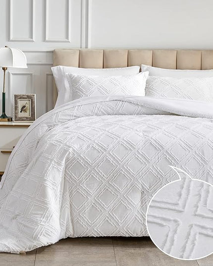 7 Pieces Tufted Bed in a Bag King Comforter Set with Sheets White, Soft and Embroidery Shabby Chic Boho Bohemian, Luxury Solid Color with Diamond Pattern, Jacquard Tufts Bedding Set for All Season - LeafyLoom