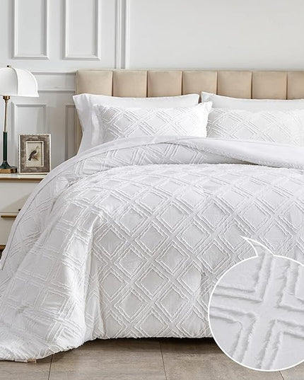 6 Pieces Tufted Bed in a Bag Twin Comforter Set with Sheets White, Soft and Embroidery Shabby Chic Boho Bohemian Design, Luxury Solid Color with Diamond Pattern, Jacquard Tufts Bedding Set for Kids - LeafyLoom
