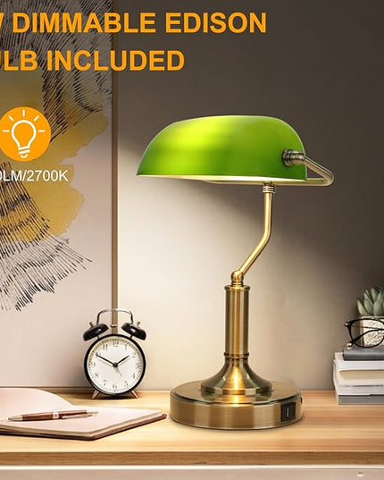 Bankers Lamp, Green Desk Lamp with Touch Control Switch, Retro Lamp with USB and Type C Charging Ports, Vintage Lamp for Home Office, Piano, Library, LED Bulb Included (Vintage) - LeafyLoom