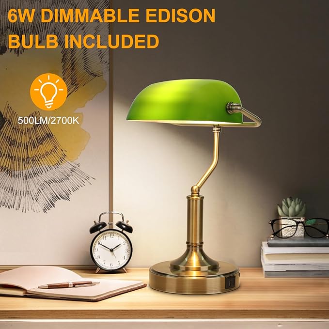 Bankers Lamp, Green Desk Lamp with Touch Control Switch, Retro Lamp with USB and Type C Charging Ports, Vintage Lamp for Home Office, Piano, Library, LED Bulb Included (Vintage) - LeafyLoom