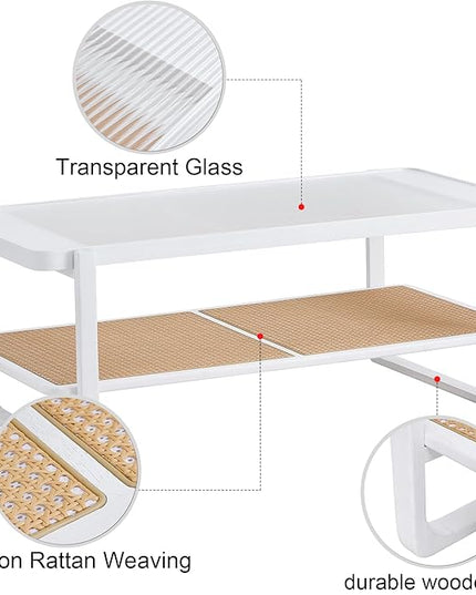 NicBex 45.28Inch Rectangular Dining Table,Modern Kitchen Table with Glass Tabletop and Imitation Rattan Edge Table for 2 to 4,Practical Coffee Table,Dining Room Table for Kitchen and Living Room,White - LeafyLoom