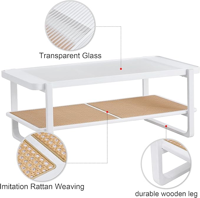 NicBex 45.28Inch Rectangular Dining Table,Modern Kitchen Table with Glass Tabletop and Imitation Rattan Edge Table for 2 to 4,Practical Coffee Table,Dining Room Table for Kitchen and Living Room,White - LeafyLoom