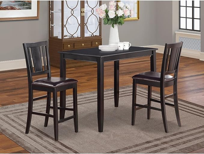 East West Furniture BUCK3-BLK-LC Buckland 3 Piece Counter Height Set Contains a Rectangle Kitchen Table and 2 Faux Leather Upholstered Dining Chairs, 30x48 Inch - LeafyLoom