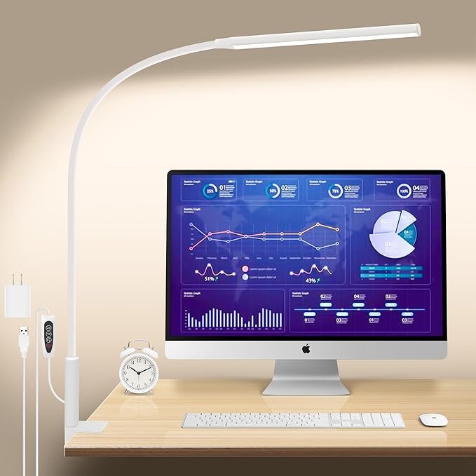 Desk Lamp with Clamp, Stepless Dimming Desk Lamps for Home Office Adjustable Desk Light Eye Caring Desk Lamp Office Lamp with USB Adapter for Working Drawing Sewing (White) - LeafyLoom