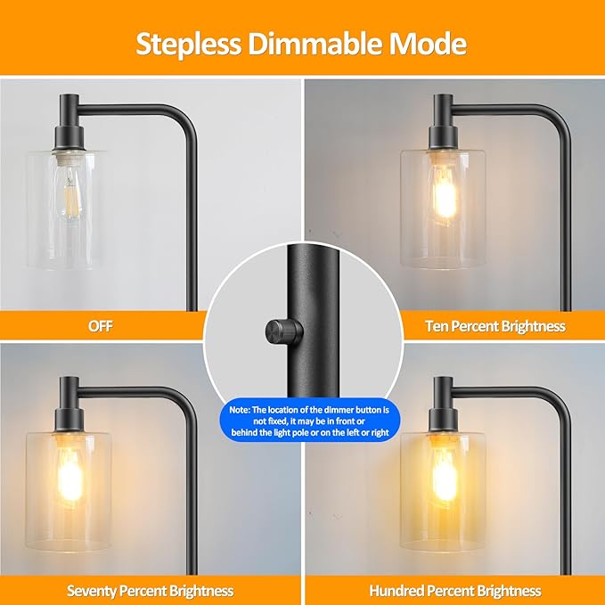 Stepless Dimmable Floor Lamps with Glass Lampshade Modern Standing Lamps with 6W LED Bulb Bright Corner Lamp Tall Pole Lamps for Living Room Bedroom Office Study Room Farmhouse, Black - LeafyLoom