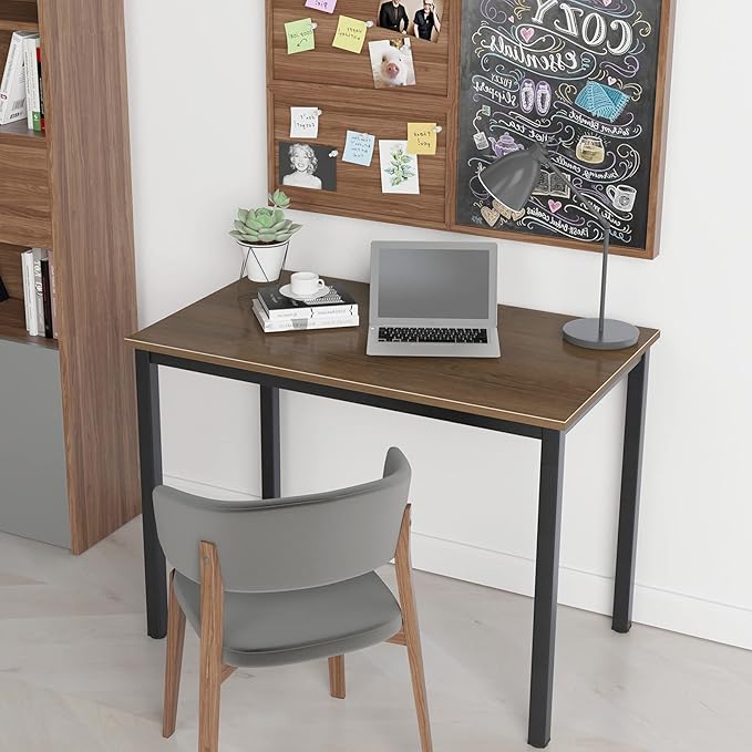 Need Small Desk, 39.4 inches Sturdy Writing Desk for Small Spaces, Small Computer Desk Teens Desk Study Table Laptop Desk Home Ofice Desk, Black Metal Frame, Walnut - LeafyLoom