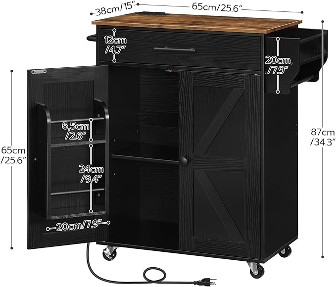 HOOBRO Kitchen Island with Power Outlet, Kitchen Storage Island with Large Worktop, Spice Rack and Drawer, Rolling Kitchen Cart on Wheels, for Kitchen and Dining Room, Rustic Brown and Black BF88UZD01 - LeafyLoom