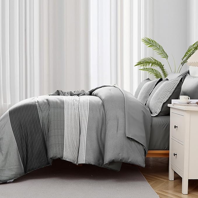 WONGS BEDDING Grey Comforter Set King, Reversible Grey Striped Down Alternative Comforter for King Bed,3 Pieces (1 Comforter+2 Pillowcases), Boho Soft Microfiber Bedding Set 104"×90" - LeafyLoom