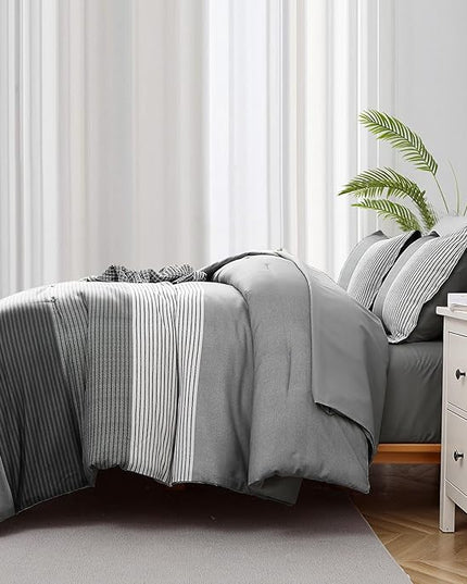 WONGS BEDDING Grey Comforter Set Queen, Reversible Grey Striped Patchwork Down Alternative Comforter for Queen Bed,3 Pieces (1 Comforter+2 Pillowcases), Boho Soft Microfiber Bedding Set 90"×90" - LeafyLoom