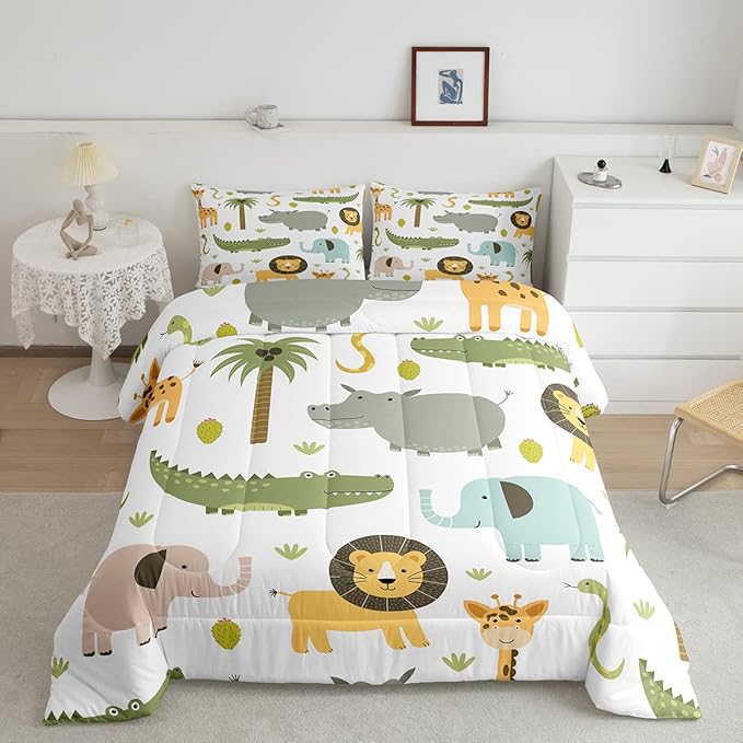 Feelyou Wild Animals Comforter Set Safari Animals Print Comforter for Boys Girls Teens Cute Hippo Crocodile Lion Bedding Set Kids Cartoon Elephant Giraffe Duvet Set Room Decor Quilt King Size Boys - LeafyLoom