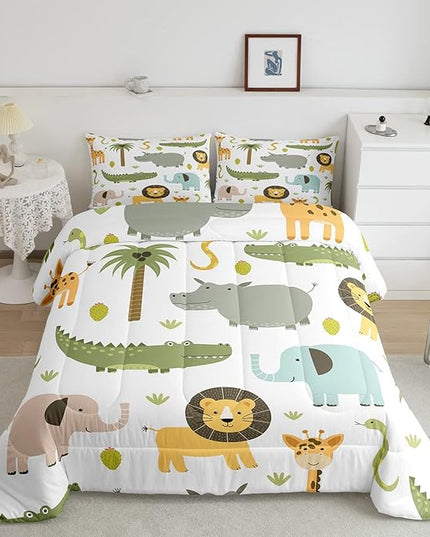 Feelyou Wild Animals Comforter Set Safari Animals Print Comforter for Boys Girls Teens Cute Hippo Crocodile Lion Bedding Set Kids Cartoon Elephant Giraffe Duvet Set Room Decor Quilt Set Twin Size - LeafyLoom