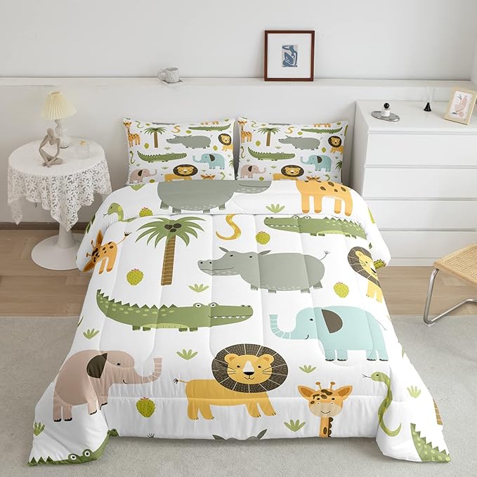 Feelyou Wild Animals Comforter Set Safari Animals Print Comforter for Boys Girls Teens Cute Hippo Crocodile Lion Bedding Set Kids Cartoon Elephant Giraffe Duvet Set Room Decor Quilt Set Twin Size - LeafyLoom