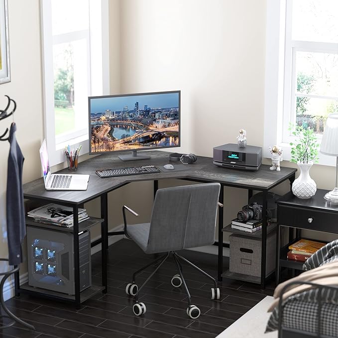 Elephance L-Shaped Desk with Shelves, Computer Corner Desk, Home Office Writing Workstation, Gaming Desk PC Laptop Table with Storage - LeafyLoom