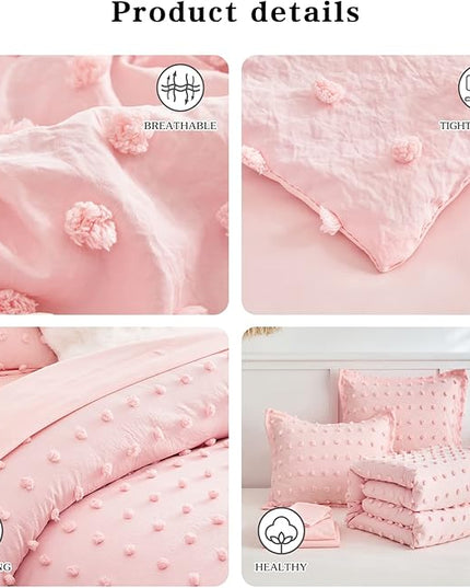 7 Pieces Tufted Dots Bed in a Bag Queen Comforter Set Girls Pink , Soft and Embroidery Shabby Chic Boho Comforters, Luxury Solid Color with Pom Pom Design, Jacquard Tufts Bedding Set for All Season - LeafyLoom