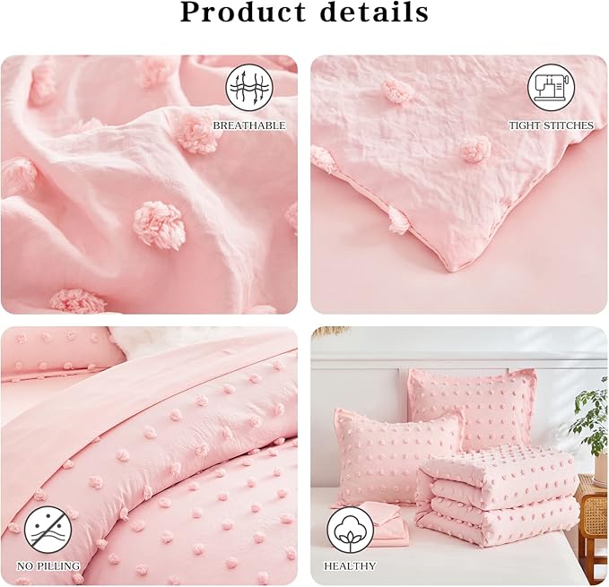 7 Pieces Tufted Dots Bed in a Bag Queen Comforter Set Girls Pink , Soft and Embroidery Shabby Chic Boho Comforters, Luxury Solid Color with Pom Pom Design, Jacquard Tufts Bedding Set for All Season - LeafyLoom