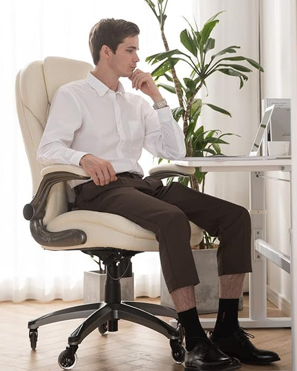 Executive Office Chair-Ergonomic Computer Desk Chair with Upgraded Caster for Swivel, High Back Office Chair with Padded Flip-up Arms, Stylish Leather Chair Thicken Seat for Comfort (Ivory, 300lbs) - LeafyLoom