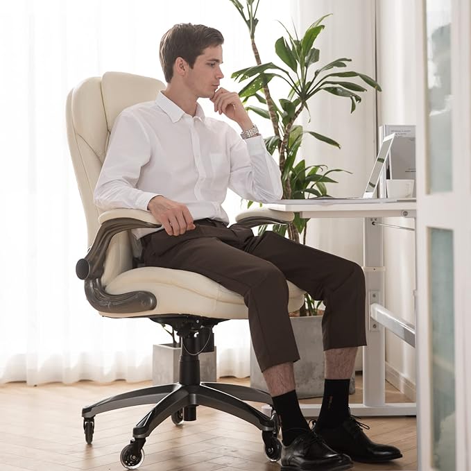 Executive Office Chair-Ergonomic Computer Desk Chair with Upgraded Caster for Swivel, High Back Office Chair with Padded Flip-up Arms, Stylish Leather Chair Thicken Seat for Comfort (Ivory, 300lbs) - LeafyLoom