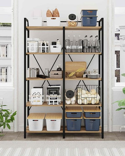 BON AUGURE Industrial Bookshelves and Bookcases, 5 Tier Heavy Duty Etagere Shelving Unit, Farmhouse Rustic Wood Metal Book Shelves for Office, Living Room and Bedroom (Vintage Oak, 43.31 inch Wide) - LeafyLoom