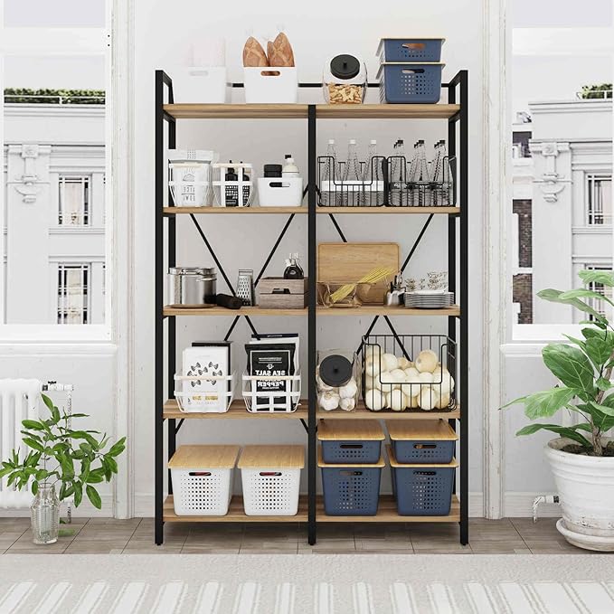 BON AUGURE Industrial Bookshelves and Bookcases, 5 Tier Heavy Duty Etagere Shelving Unit, Farmhouse Rustic Wood Metal Book Shelves for Office, Living Room and Bedroom (Vintage Oak, 43.31 inch Wide) - LeafyLoom