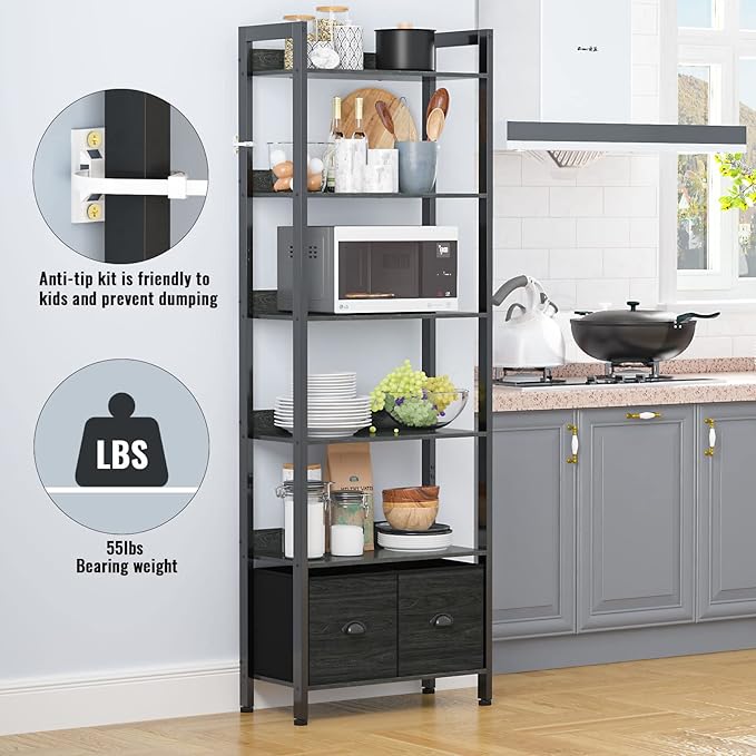 Furologee 6-Tier Bookshelf, Tall Bookcase with 2 Drawers Storage Organizer, Industrial Display Free Standing Shelf Units, Wood and Metal Storage Rack for Home Office, Bedroom, Black Oak - LeafyLoom