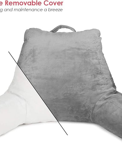 Clara Clark Reading Pillow, Standard Back Pillow for Sitting Up in Bed, Memory Foam Back Support Pillow, Reading Pillows for Sitting in Bed, Grey Sit Up Pillow for Bed Chair Arm Pillow with Pockets - LeafyLoom