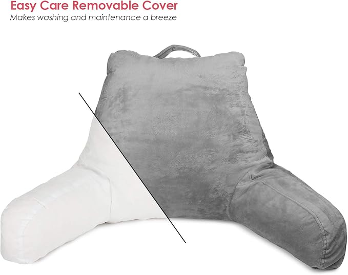 Clara Clark Reading Pillow for Kids, Small Back Pillow for Sitting Up in Bed, Memory Foam Back Support Pillow, Reading Pillows for Sitting in Bed Grey Gaming Pillow for Bed Chair with Arms and Pockets - LeafyLoom