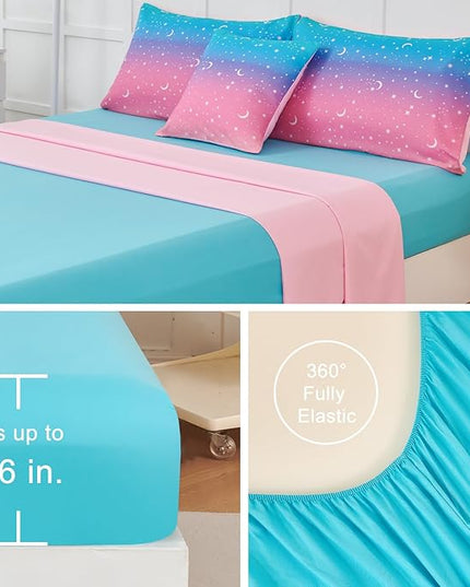 URBONUR 6 Pieces Full Size Comforter Set for Girls Moon Star Printed Bedding Set Gradient Pink Purple Blue, Soft Microfiber All Season Kids Bed Sets (Full Size, 6PCS) - LeafyLoom