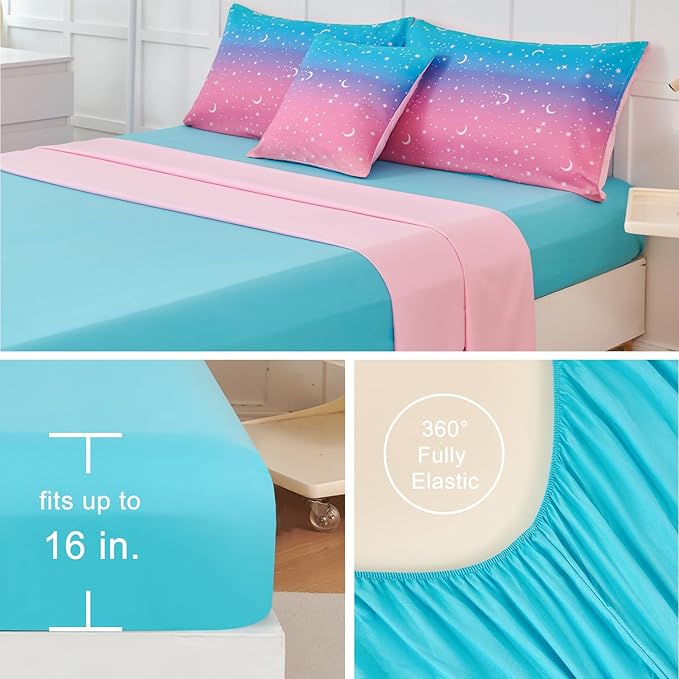 URBONUR 6 Pieces Full Size Comforter Set for Girls Moon Star Printed Bedding Set Gradient Pink Purple Blue, Soft Microfiber All Season Kids Bed Sets (Full Size, 6PCS) - LeafyLoom