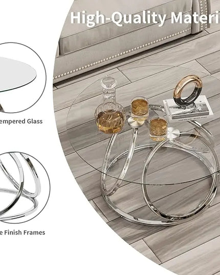 O&K FURNITURE Round Coffee Table, Modern Silver Coffee Table Living Room Table with Ring-Shaped Frames, Glass Coffee Table for Home&Office, Chrome Finish, 1 PC - LeafyLoom