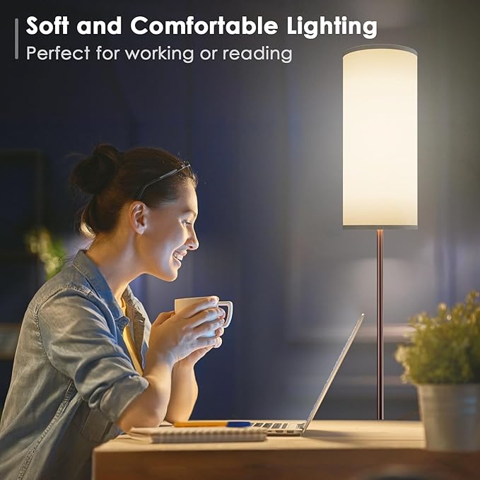 Floor Lamp for Living Room, Modern Standing lamp with Remote Control, Stepless Dimmable 12W Bulb & Beige Lampshade Included, Brown Pole Tall Floor Lamp for Bedroom Office - LeafyLoom