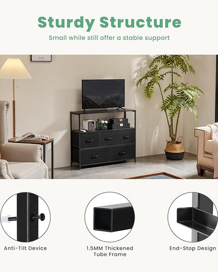 ANTONIA TV Stand Dresser for Bedroom with 5 Fabric Drawer,Entertainment Center for 45 inch Television, Media Console Table with Storage, Open Shelf, Adjustable Feet, Living Room Furniture, Black - LeafyLoom