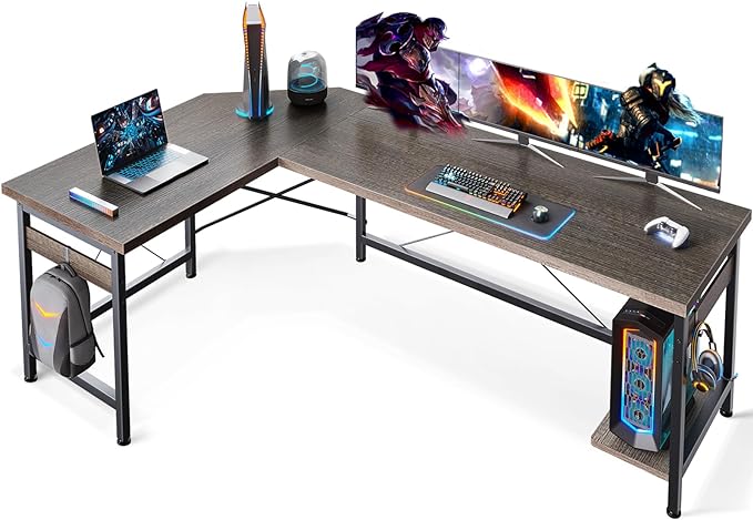 Coleshome 66" L Shaped Gaming Desk, Corner Computer Desk, Sturdy Home Office Computer Table, Writing Desk, Larger Gaming Desk Workstation, Grey Oak - LeafyLoom