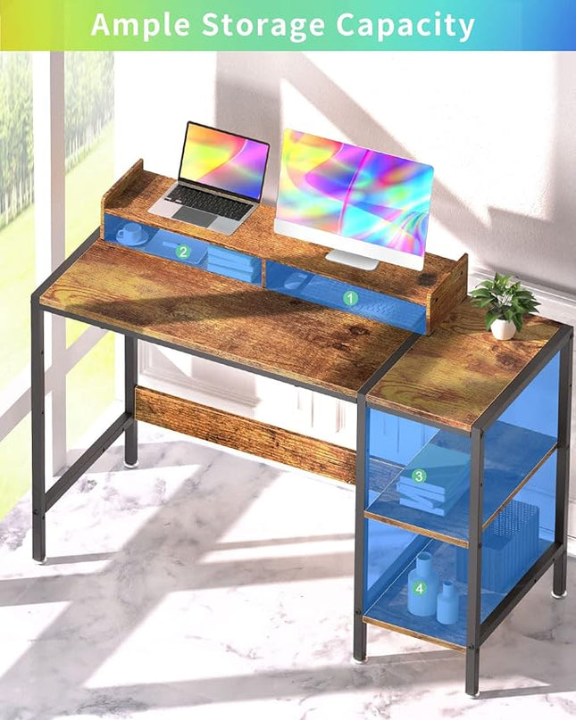 Computer Desk - 39” Gaming Desk, Home Office Desk with Storage, Small Desk with Monitor Stand, Rustic Writing Desk for 2 Monitors, Adjustable Storage Space, Modern Design Corner Table. - LeafyLoom