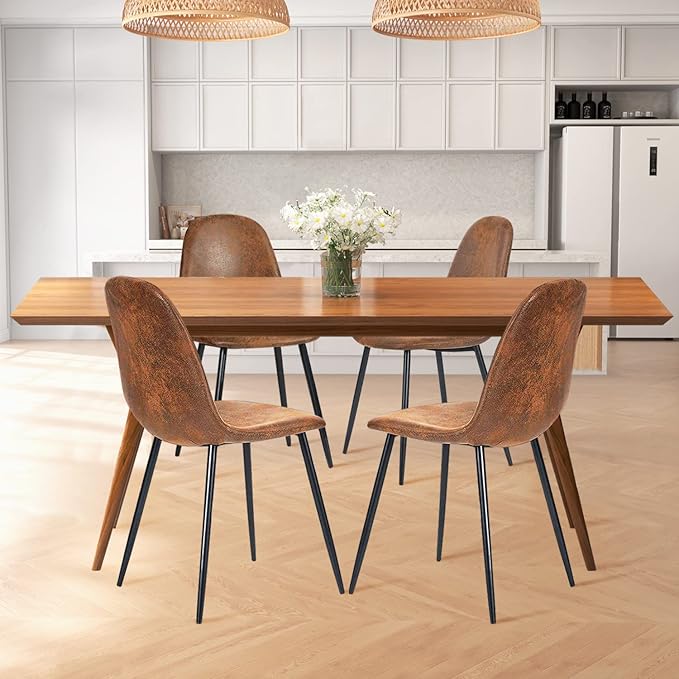 FurnitureR Dining Chairs Set of 4, Fabric Suede Dining Room Side Seating, Kitchen Chairs with Metal Legs for Living Room,Dark Brown - LeafyLoom