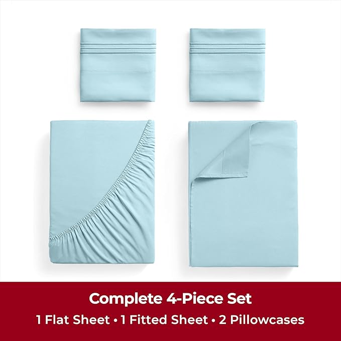Mellanni Twin Sheets Set - 4 Piece Iconic Collection Bedding Sheets & Pillowcases - Luxury, Ultra Soft, Cooling Bed Sheets - Deep Pocket up to 16 inch - 4 PC (Twin, Aqua w/Extra Pillow Case) - LeafyLoom