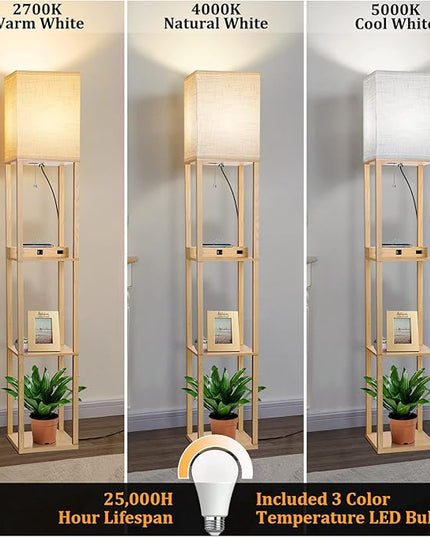 Dott Arts Floor Lamp with Shelves, Shelf Lamp with Wireless Charger & USB A+C Ports & 2 AC Outlets,3 Color Temperature Corner Tall Standing Floor Lamps for Living Room, Bedroom, Office (Burlywood) - LeafyLoom
