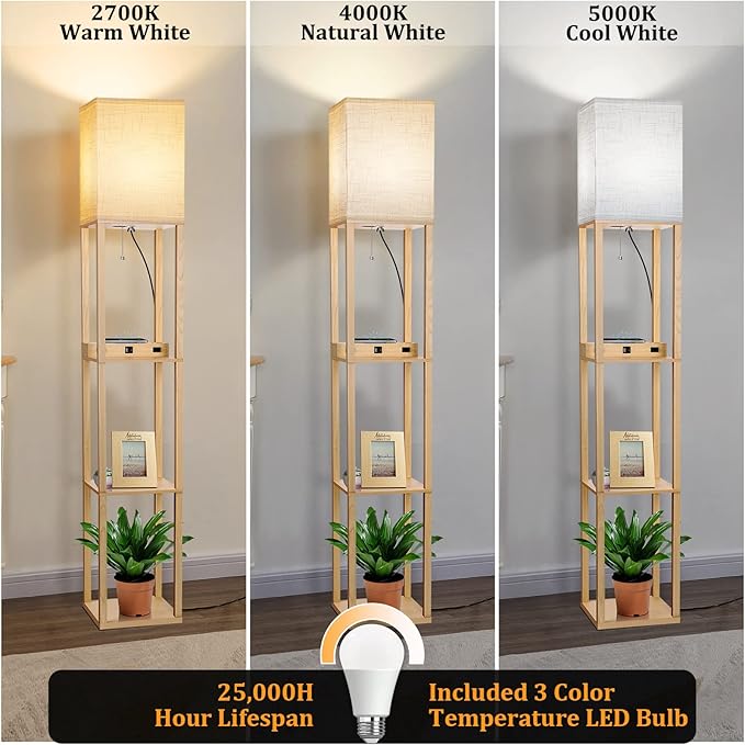 Dott Arts Floor Lamp with Shelves, Shelf Lamp with Wireless Charger & USB A+C Ports & 2 AC Outlets,3 Color Temperature Corner Tall Standing Floor Lamps for Living Room, Bedroom, Office (Burlywood) - LeafyLoom