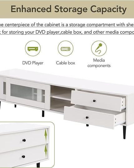 Merax Chic Elegant Design TV Stand with Sliding Fluted Glass Doors and Ample Space, Slanted Drawers Media Console for Televisions Up to 75", Modern Storage Cabinet, 70.86 inch Length, White - LeafyLoom