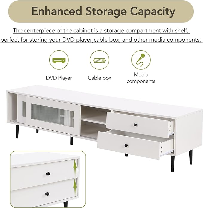 Merax Chic Elegant Design TV Stand with Sliding Fluted Glass Doors and Ample Space, Slanted Drawers Media Console for Televisions Up to 75", Modern Storage Cabinet, 70.86 inch Length, White - LeafyLoom
