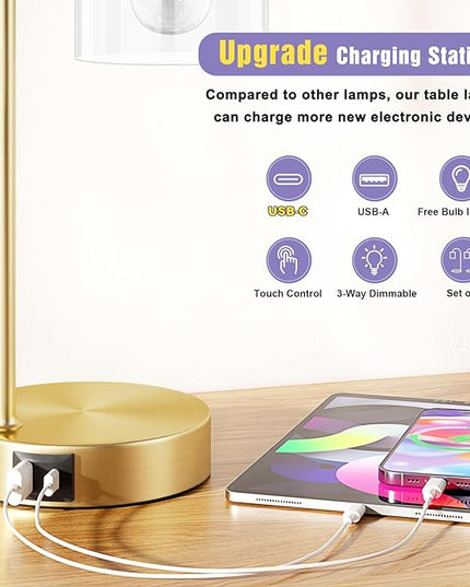 Innqoo Gold Industrial Touch Table Lamps for Bedrooms Set of 2-3-Way Dimmable Nightstand Lamps with USB C+A Ports and Outlet, Gold Bedside Lamps with Glass Shade, Desk Lamps for Home Office - LeafyLoom