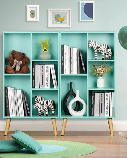 LEYAOYAO 5 Cube Bookshelf 3-Tier Bookcase with Legs,Mint Green Kids Book Shelf Cute Storage Organizer,Free Standing Open Toy Shelves Wood Bookshelves,Display Bookcases for Bedroom,Living Room,Nursery - LeafyLoom