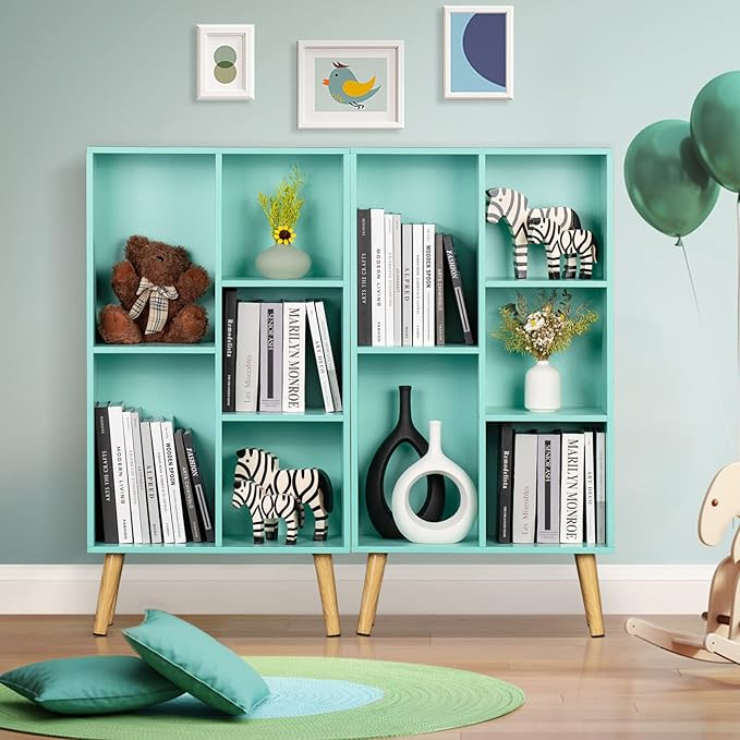 LEYAOYAO 5 Cube Bookshelf 3-Tier Bookcase with Legs,Mint Green Kids Book Shelf Cute Storage Organizer,Free Standing Open Toy Shelves Wood Bookshelves,Display Bookcases for Bedroom,Living Room,Nursery - LeafyLoom