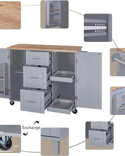 50Inch Rolling Kitchen Island Cart with Internal Cabinet, 3 Drawers and Storage Shelf, Kitchen-Island Table on Wheels w/Rubber Wood Top, Spice Rack, for Dining Room House Bar - LeafyLoom